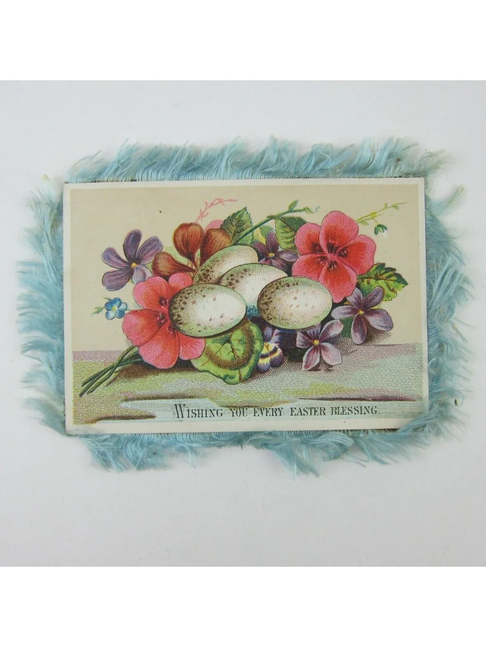 Victorian Greeting Card Easter Blue Silk Fringe Double Sided Flowers Egg Antique
